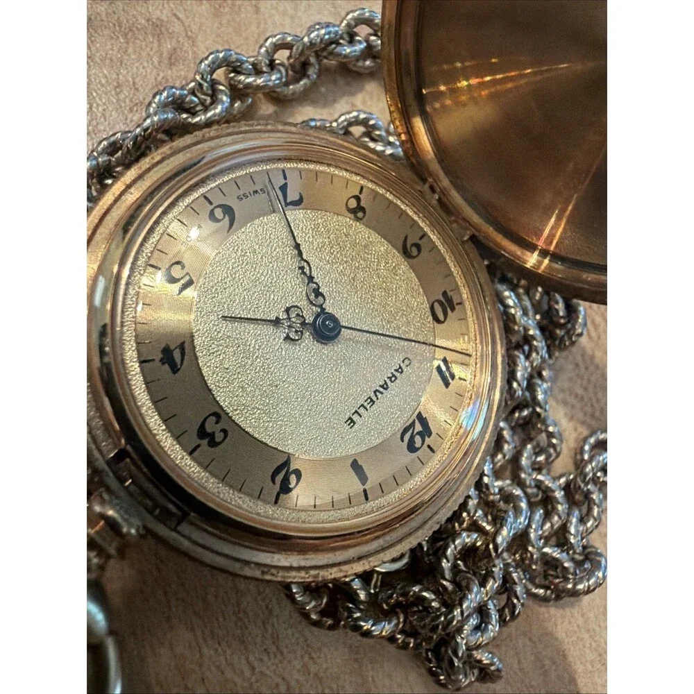 Bullova Caravelle MINI Full Hunter Manual Pocket Watch Chain Vintage Gold Tone